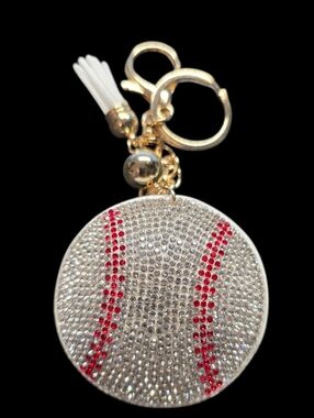 Rhinestone Baseball Bag Charm Keychain - Silver & Red